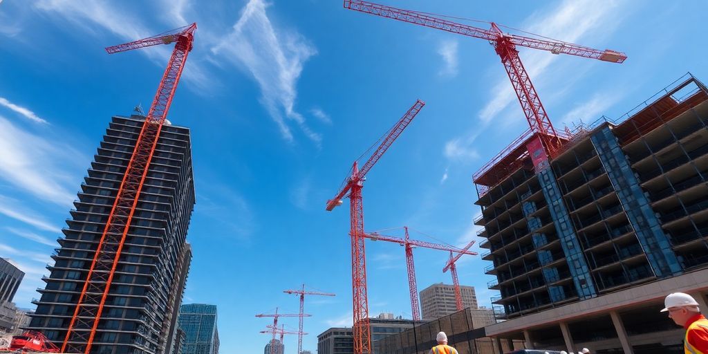 Construction site with cranes and workers