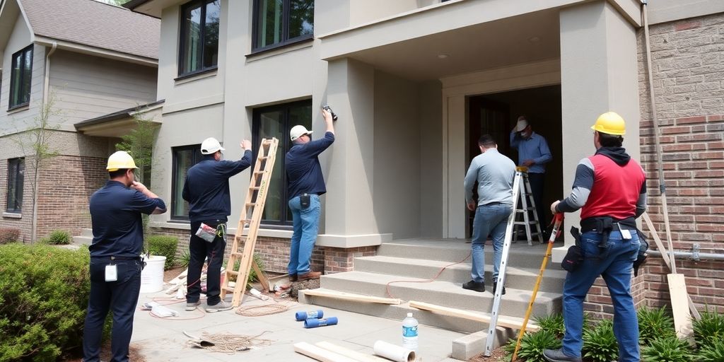 Buckhead home exterior with construction crew.