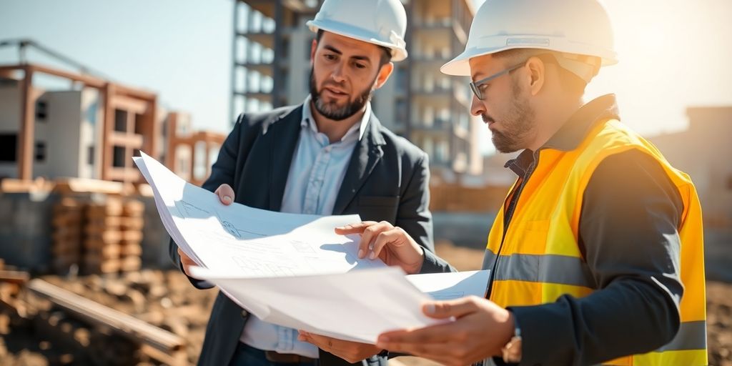 Architects viewing blueprints, discussing construction site.