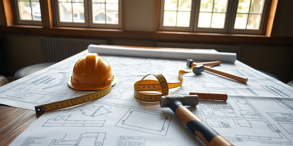 Construction site with blueprints and tools.