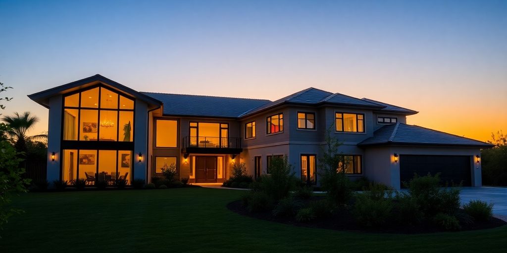 Modern custom home, warm interior lights, sunset.