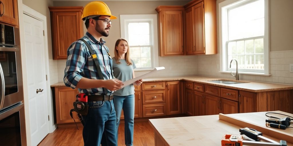 Contractor and homeowner reviewing cabinets in sunlit kitchen renovation scene.