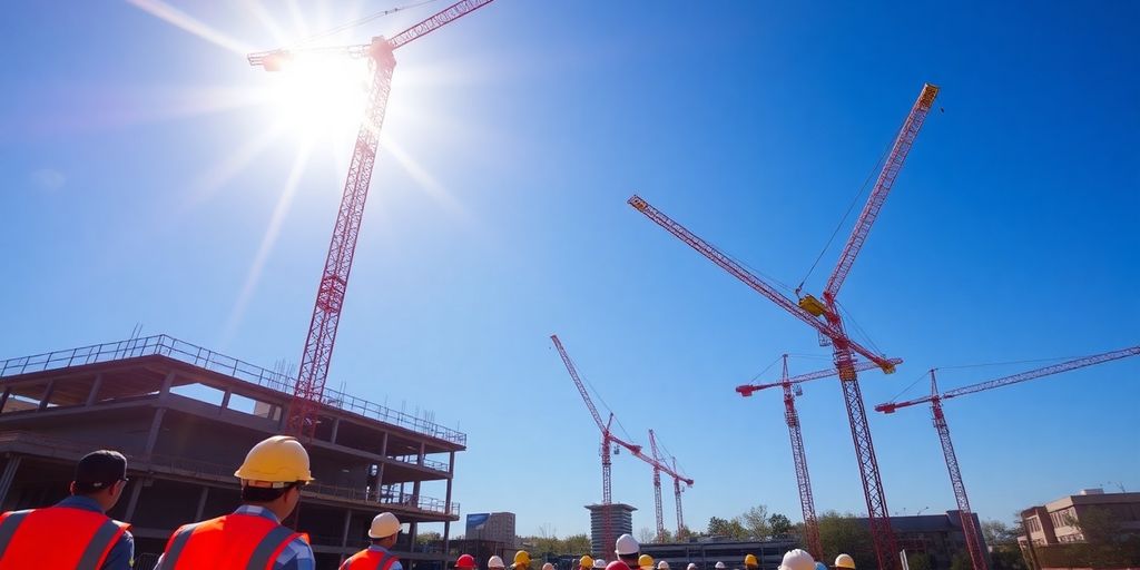 Construction site with cranes and workers