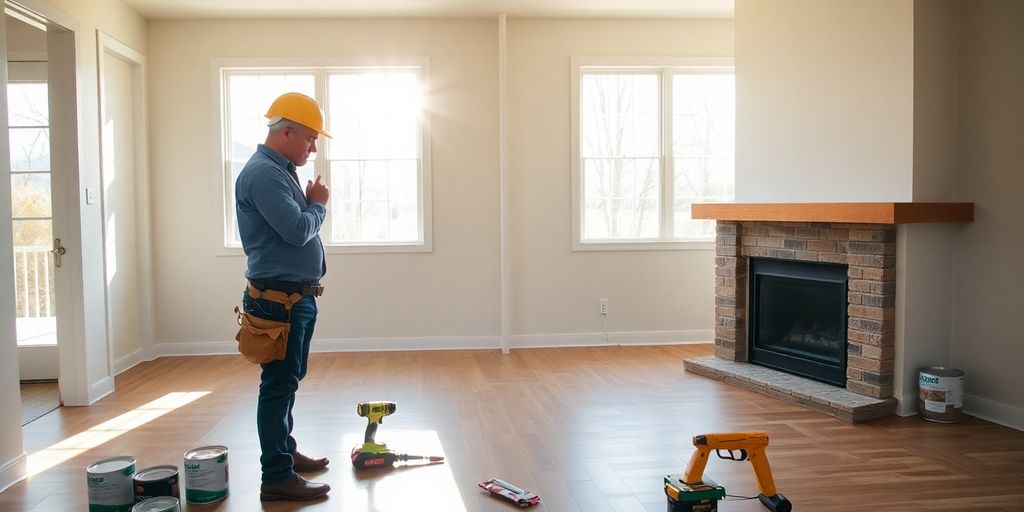 Contractor in hard hat renovating a modern suburban home interior.