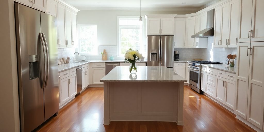 Modern kitchen remodel, bright, spacious.