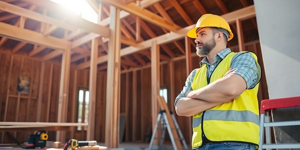 Construction contractor in hard hat inspecting wooden framing at site