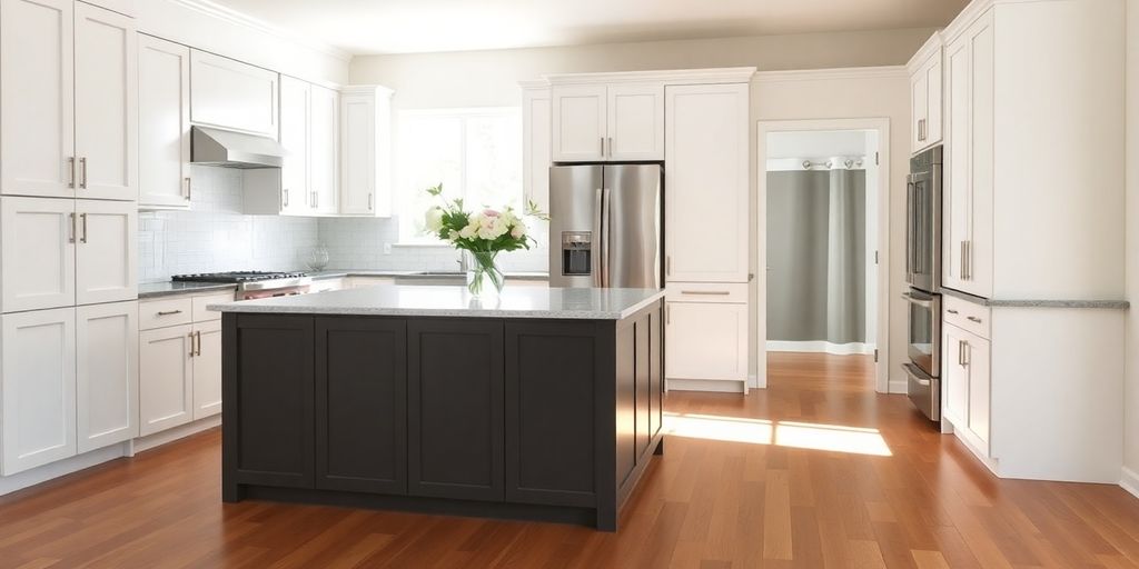 Remodeled kitchen interior with new cabinets and island.