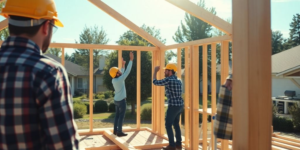 Construction crew working on house frame