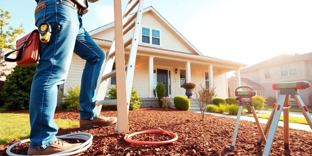 Contractor measuring wooden plank in front of small suburban house