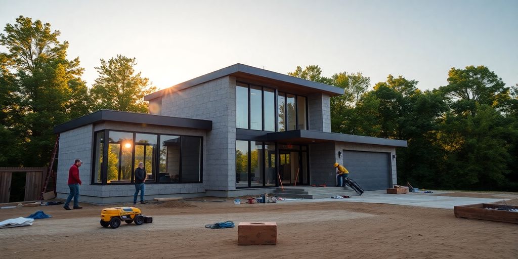 Modern home construction site at sunset.