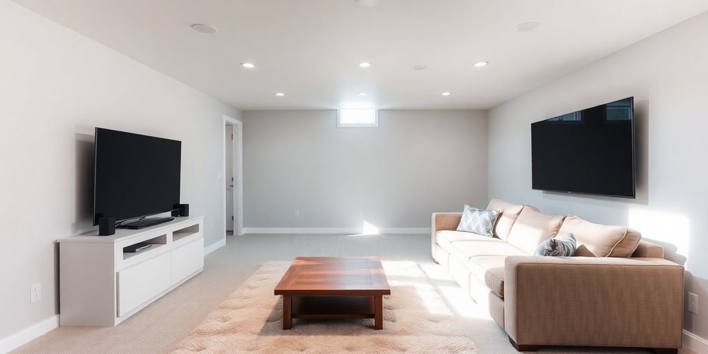 Modern basement living area with comfortable furniture