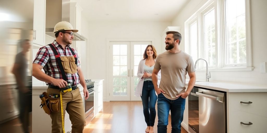 Contractor and homeowner inspect bright newly remodeled kitchen interior together.