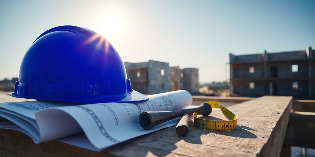 Construction site with blueprints and tools.