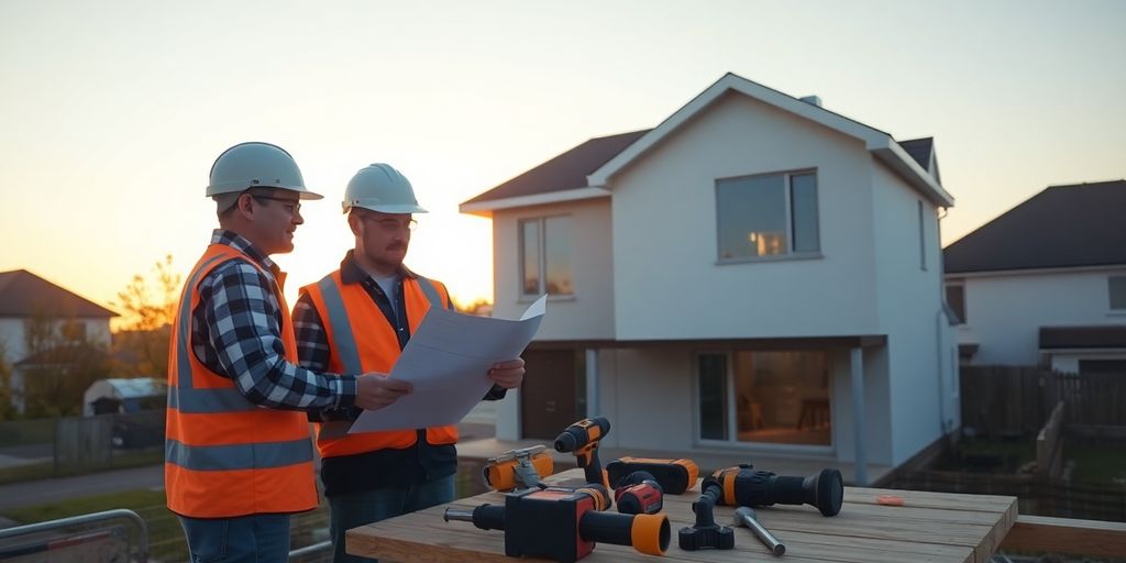 Contractors in hard hats reviewing blueprints at small renovation site