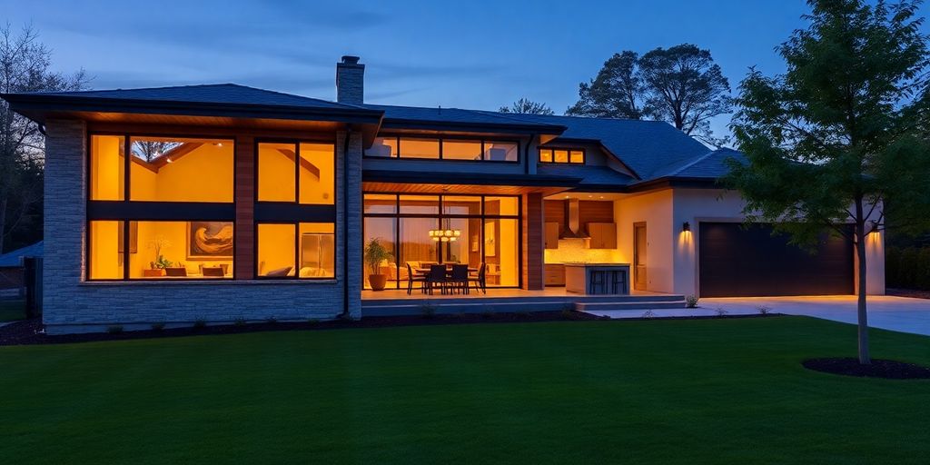 Modern custom home, warm interior lights.