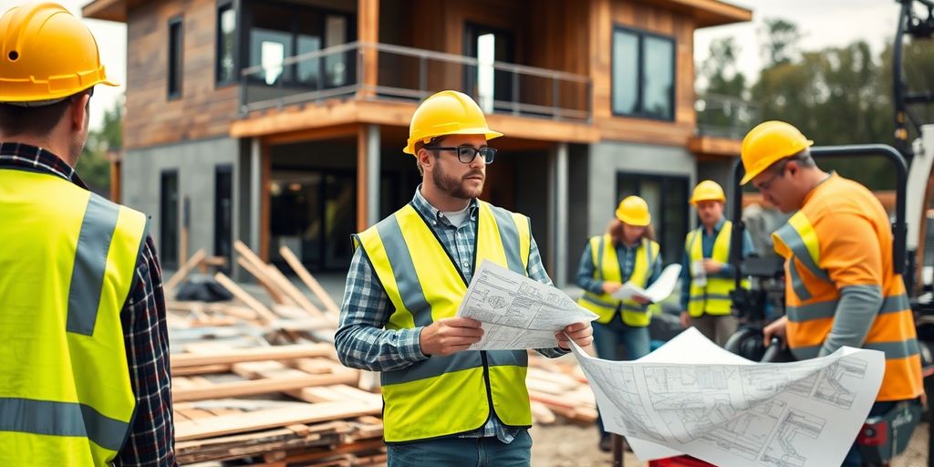 Construction workers on a residential building site.
