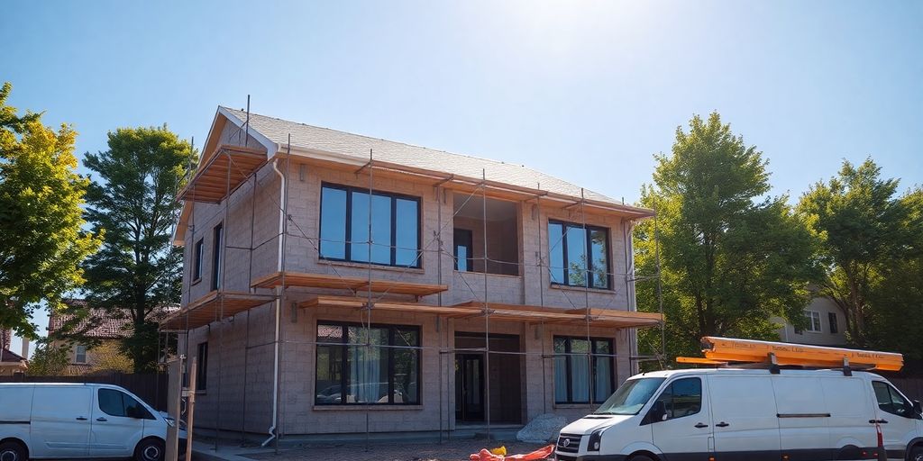 Modern home construction site, clear sky.