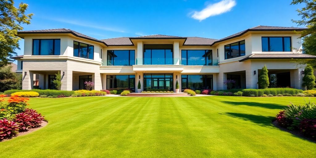 Modern home exterior, large windows, landscaped yard.