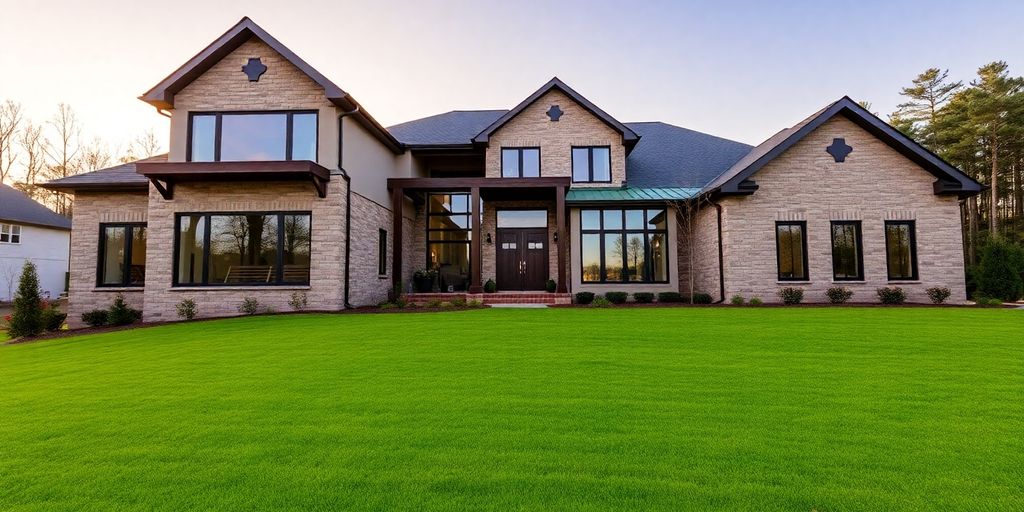 Modern Johns Creek custom home exterior at sunset.