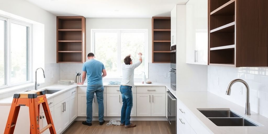 Home renovation professionals working on a kitchen.