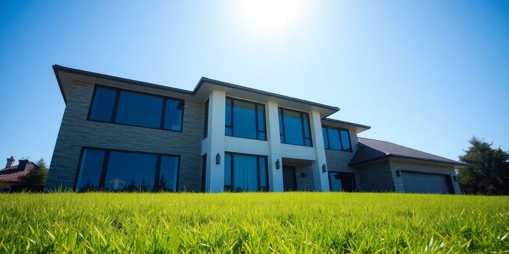Modern-style home, natural light, green lawn, blue sky.