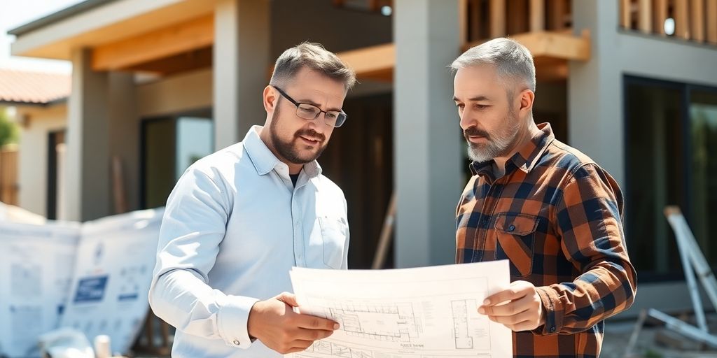 Contractor and client review blueprints outdoors.