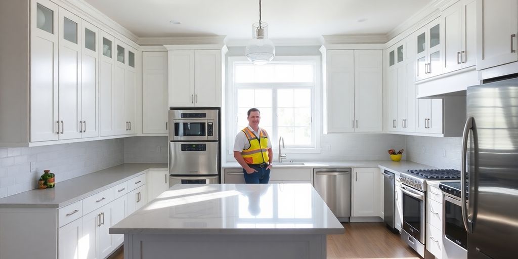 Modern kitchen with island and white cabinets.