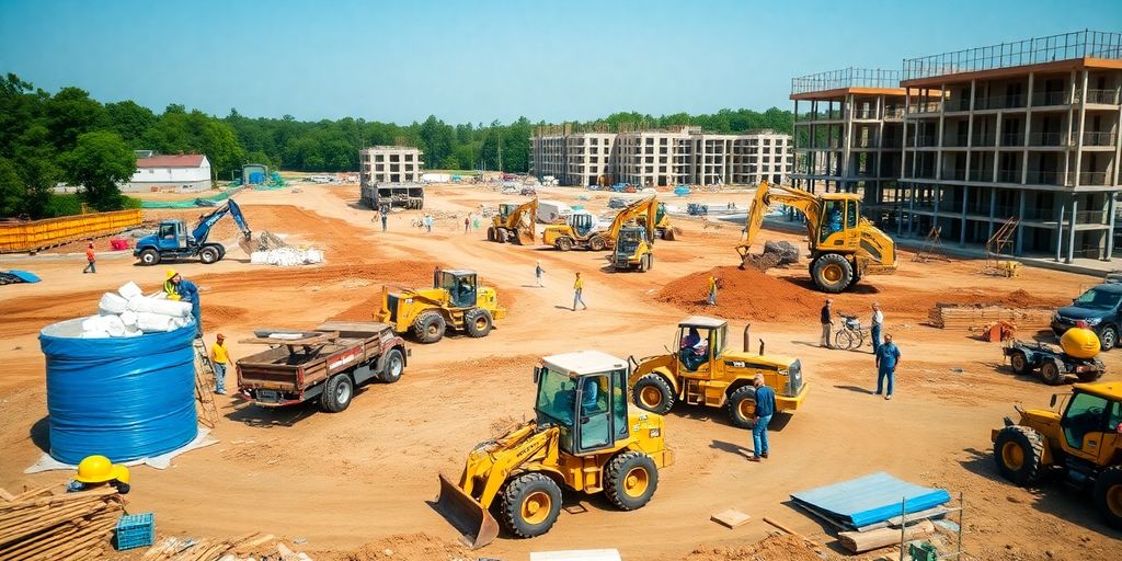 Suwanee general construction site with workers and equipment.