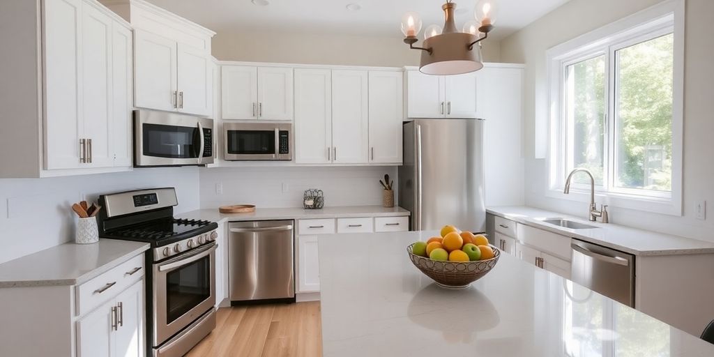 Modern kitchen renovation with bright, open space.