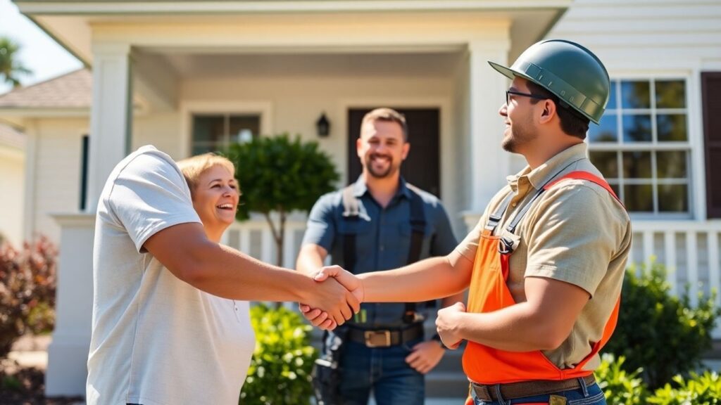 Homeowner and contractor smiling after home improvement project.