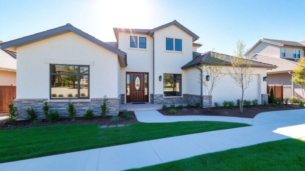 Newly constructed house with manicured landscaping.
