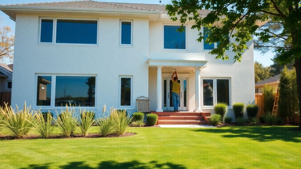 Modern house exterior with craftsman working