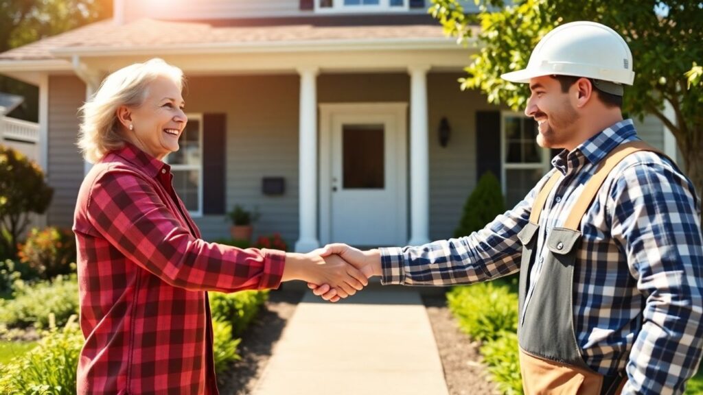 Homeowner and contractor shaking hands by remodeled house.