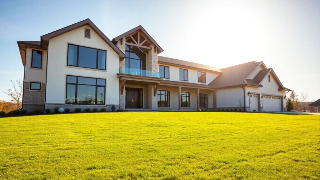 Modern custom home with large windows and manicured lawn.