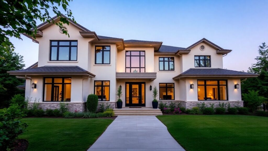 Modern custom home exterior with landscaping.