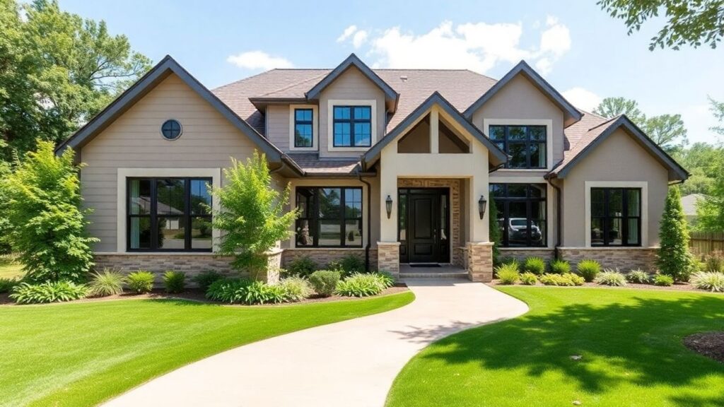 Modern custom-built house with green landscaping.