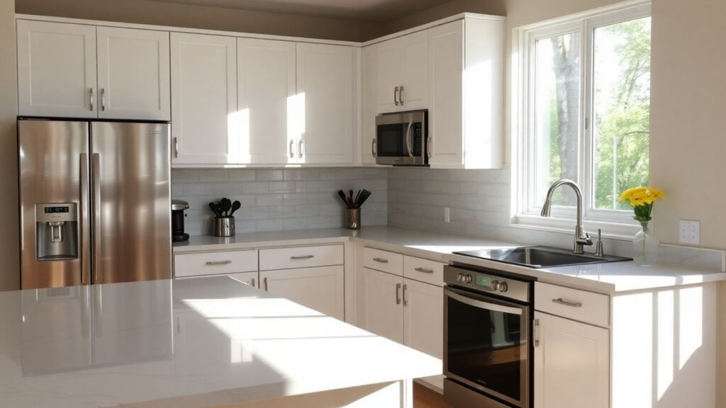 Modern kitchen remodel with stainless steel appliances and natural light.