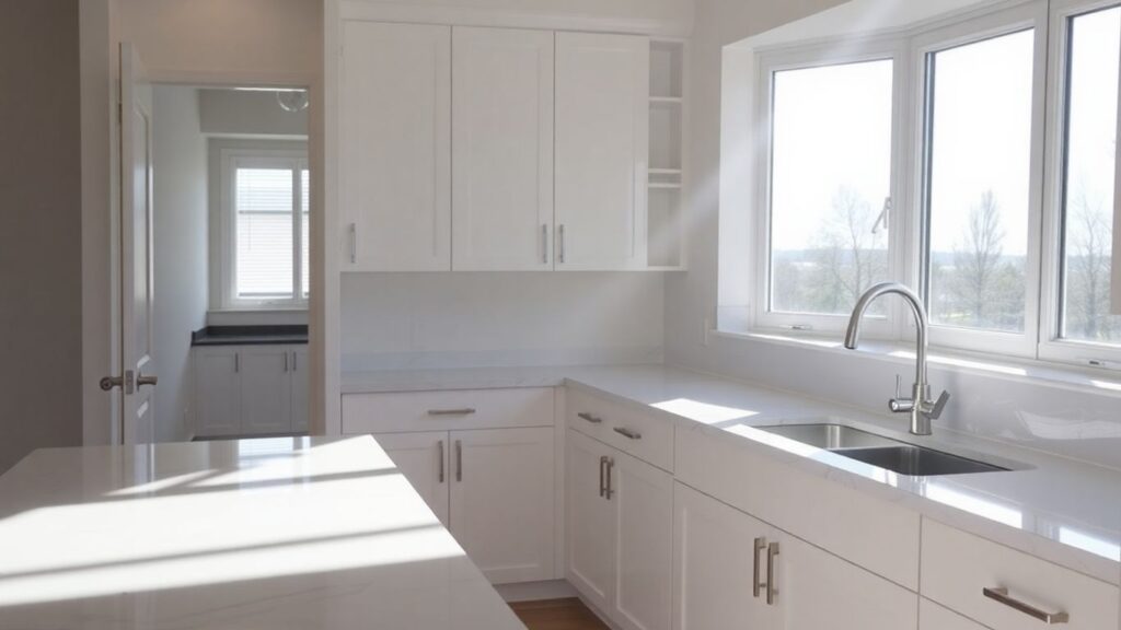 Modern kitchen remodel with new cabinets and countertops.
