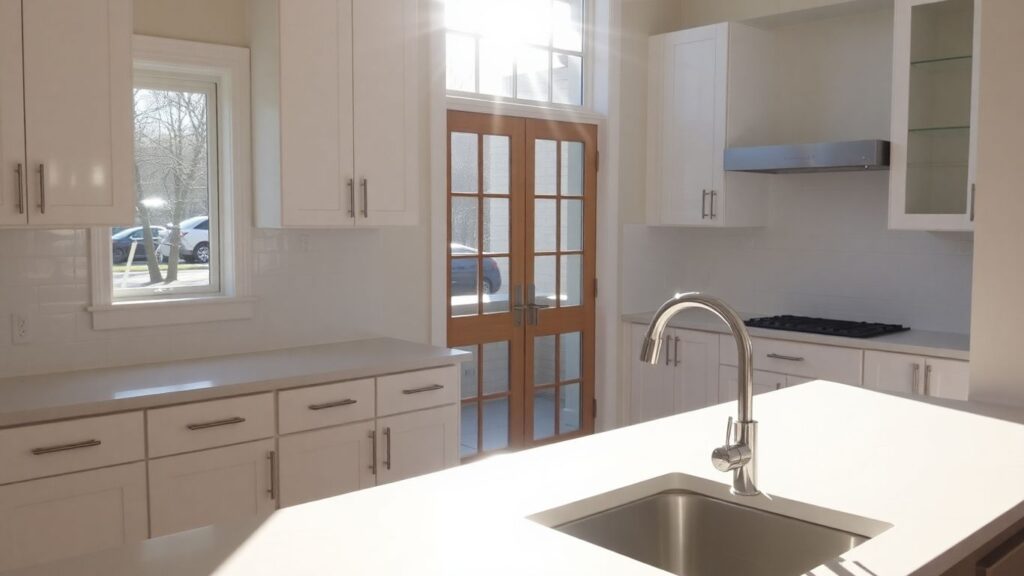 Modern kitchen remodel with new cabinets and countertops.