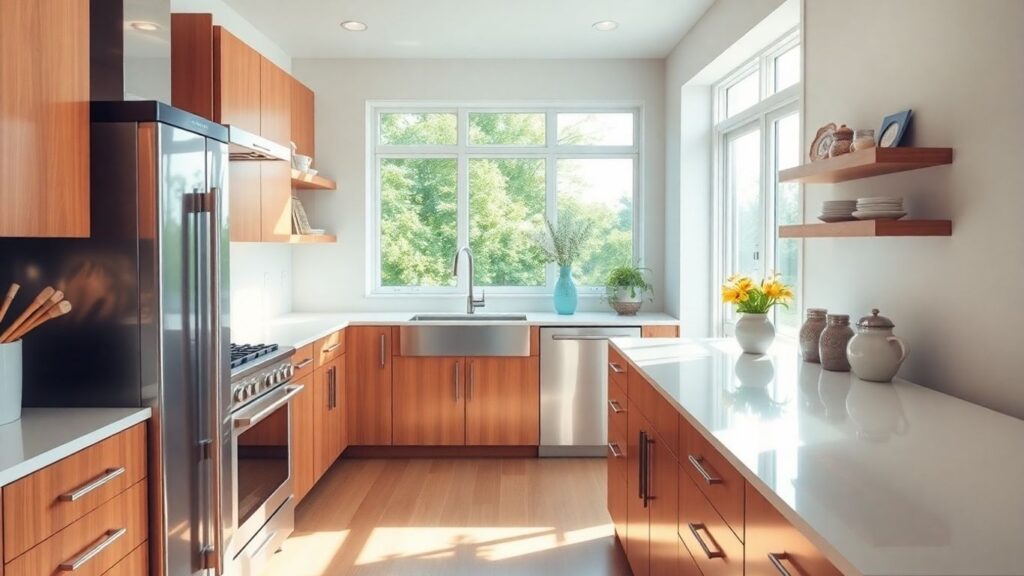 Modern kitchen renovation with white cabinets and stainless steel appliances.