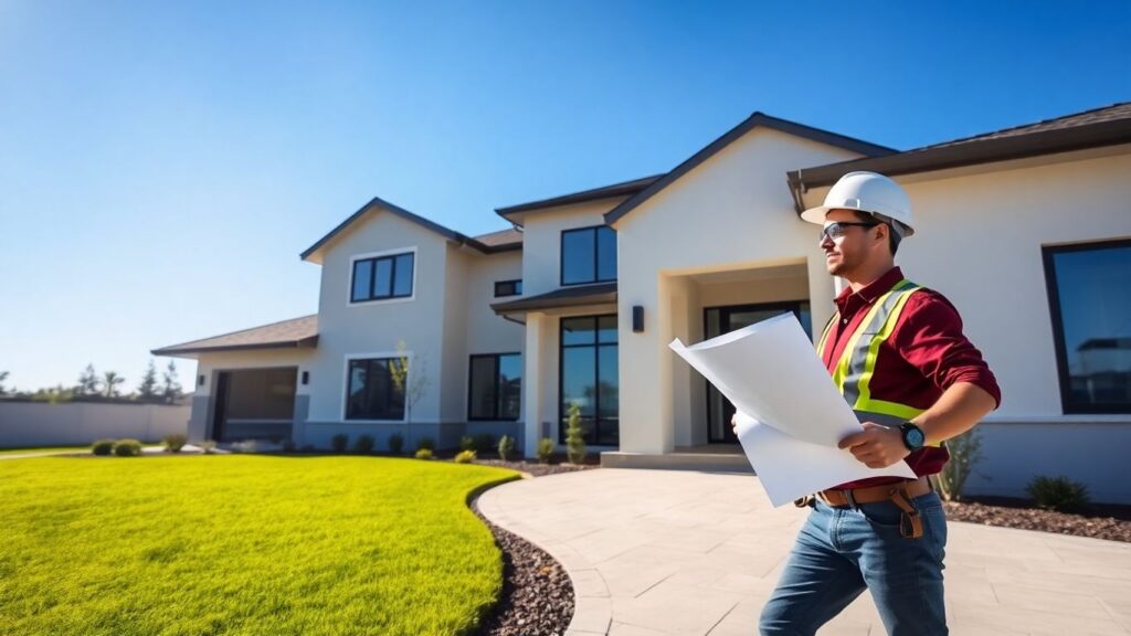 Contractor near modern home with blueprints