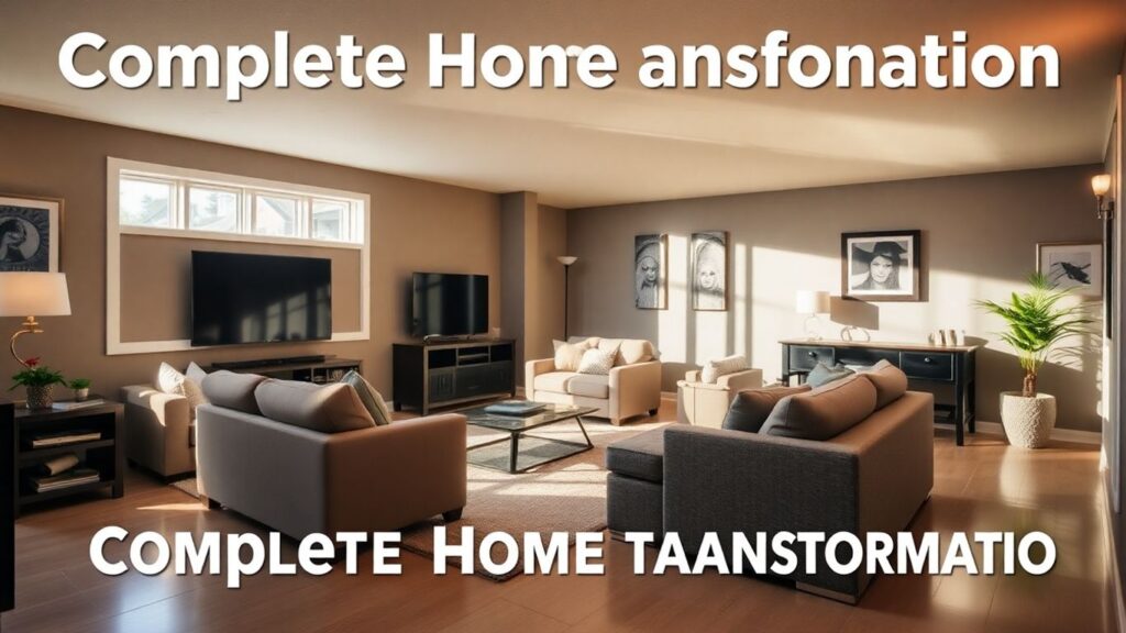 Finished basement living area with modern furniture and warm lighting.