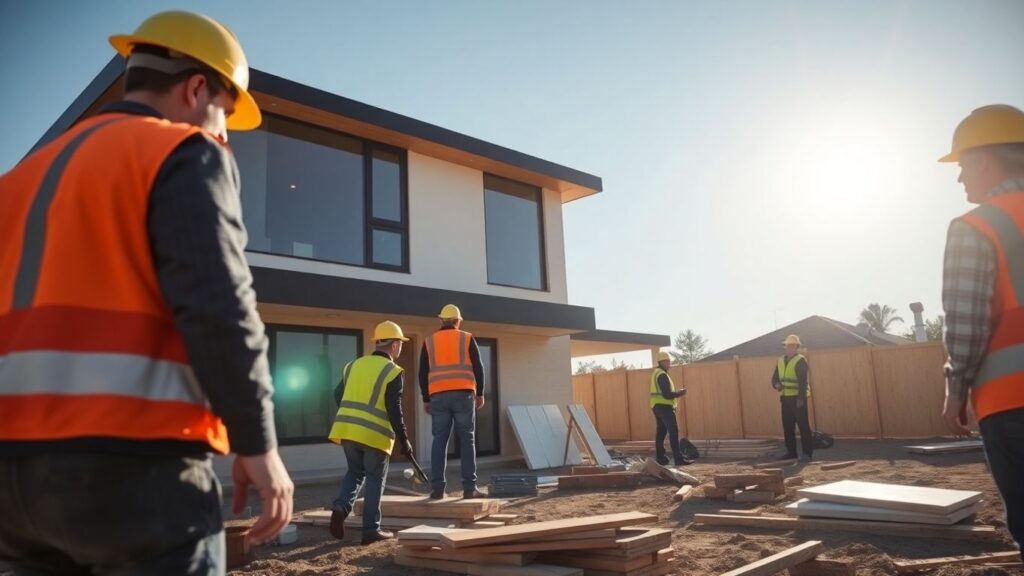 Construction workers building a modern home.