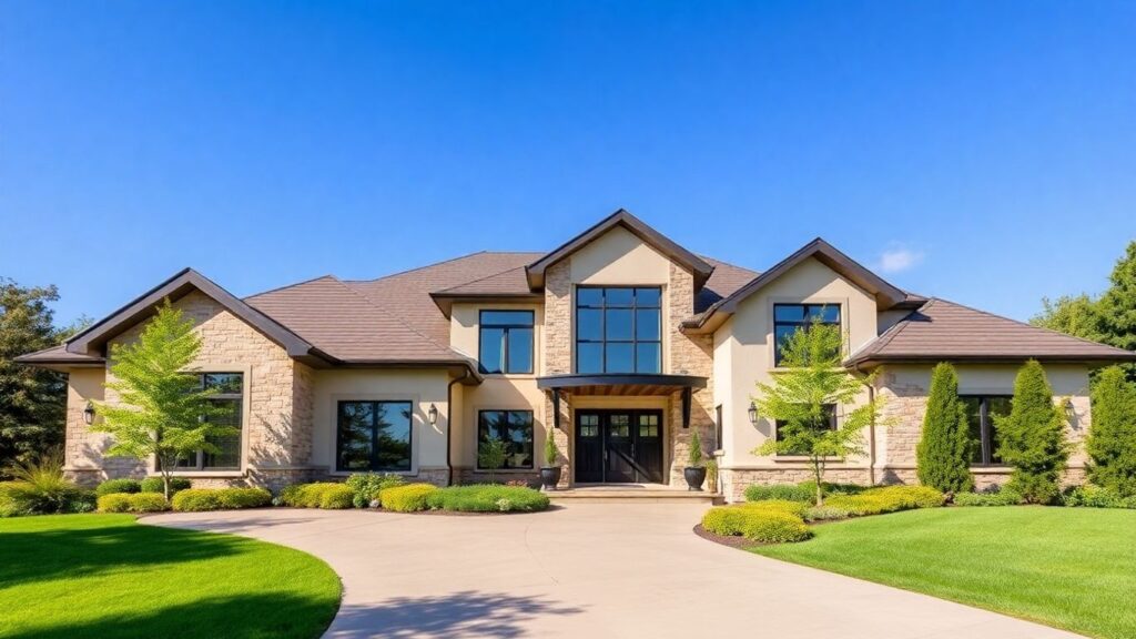 Modern custom home exterior with lush landscaping.