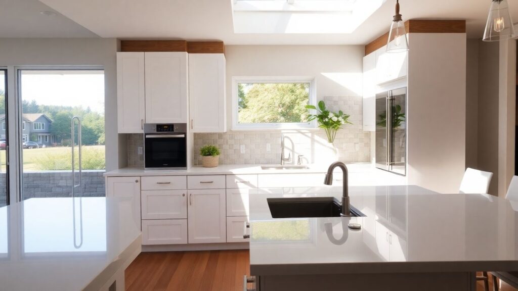 Modern kitchen remodel with natural light and elegant finishes.