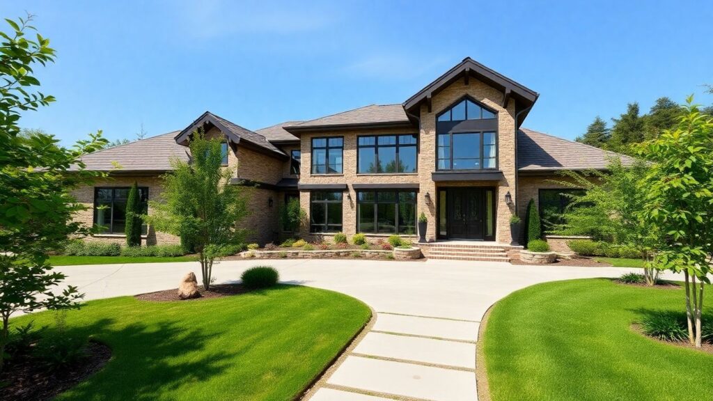 Modern custom home with large windows and green landscaping.