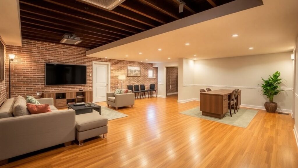Finished basement with wood floors and brick walls.