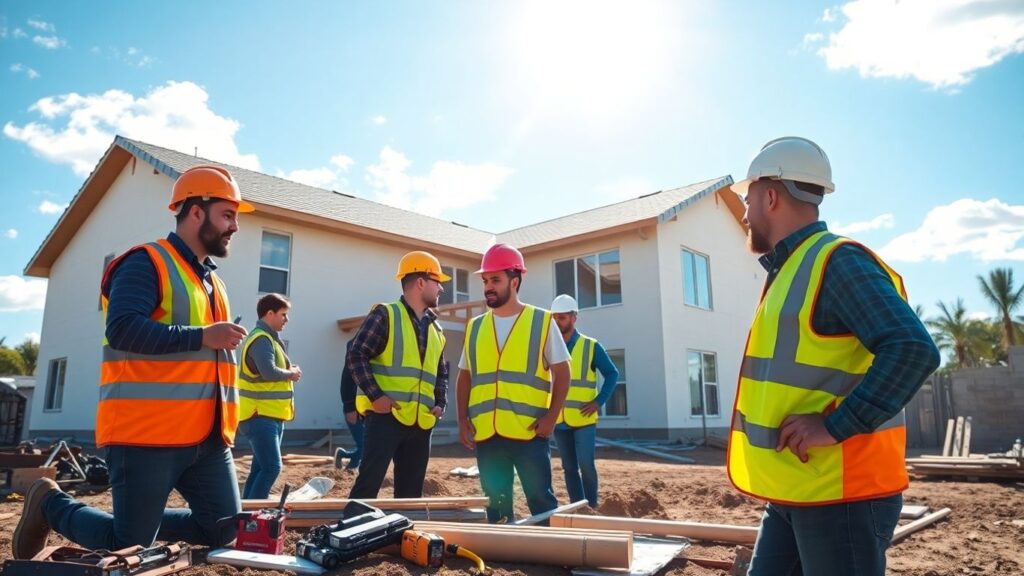 Construction workers building a modern home in Ansley Park.