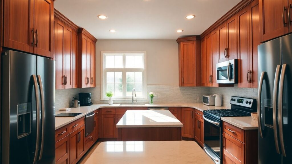 Modern kitchen renovation with island and natural light.