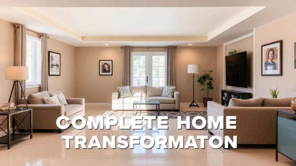 Finished basement living area with modern furniture and warm lighting.